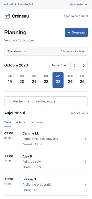 Capture de Créneau sur mobile : calendrier de la semaine et liste des rendez-vous.