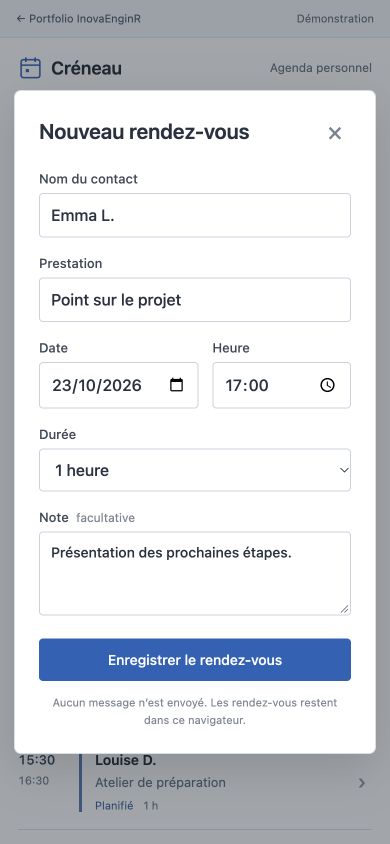 Formulaire Créneau : contact, prestation, date, horaire, durée et note.