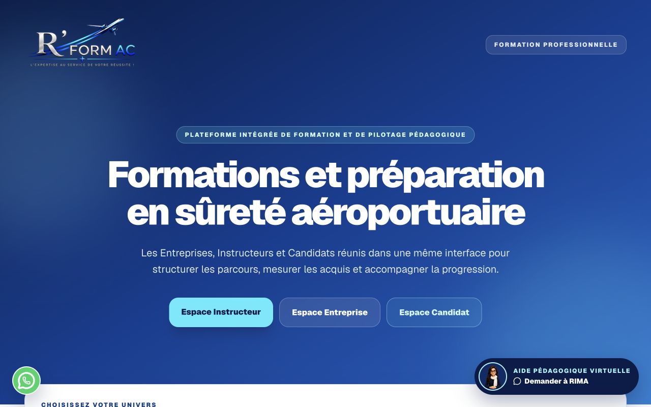 Accueil réel de RFORMAC présentant la formation en sûreté aéroportuaire et les accès instructeur, entreprise et candidat.