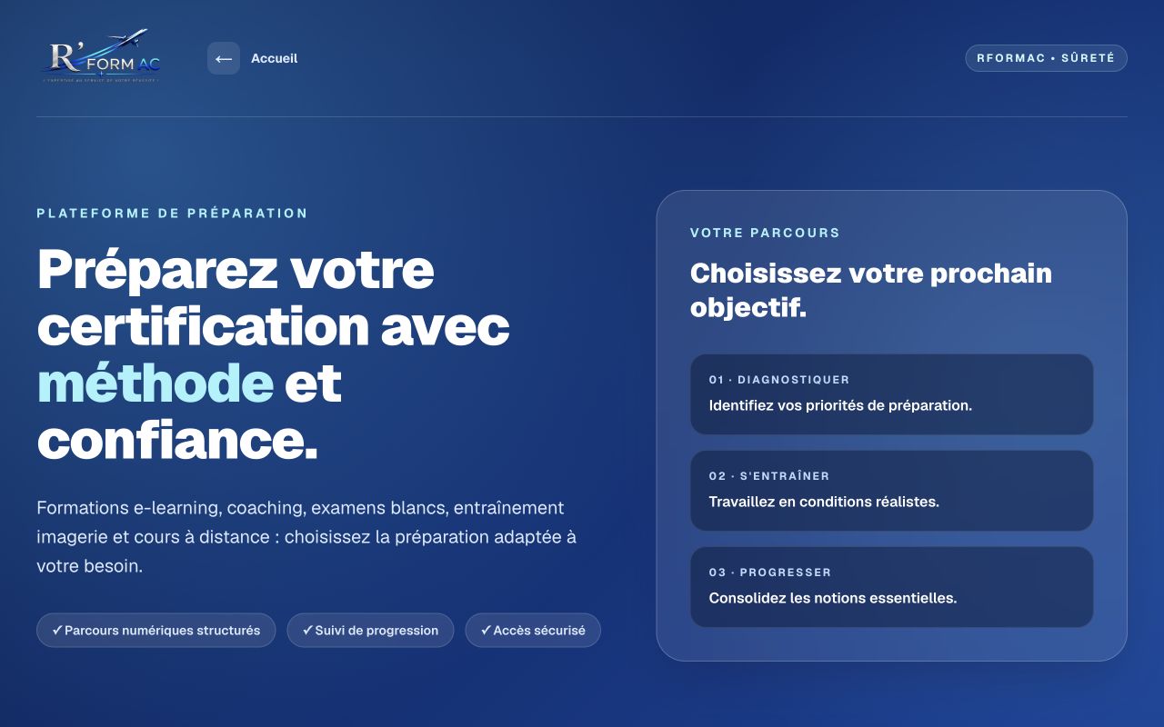 Page réelle du parcours de préparation RFORMAC : diagnostiquer, s’entraîner et progresser.